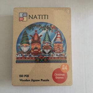 NATITI Christmas Gnomes 150 PCS Wooden Jigsaw Puzzle Packaged in Wooden Box New